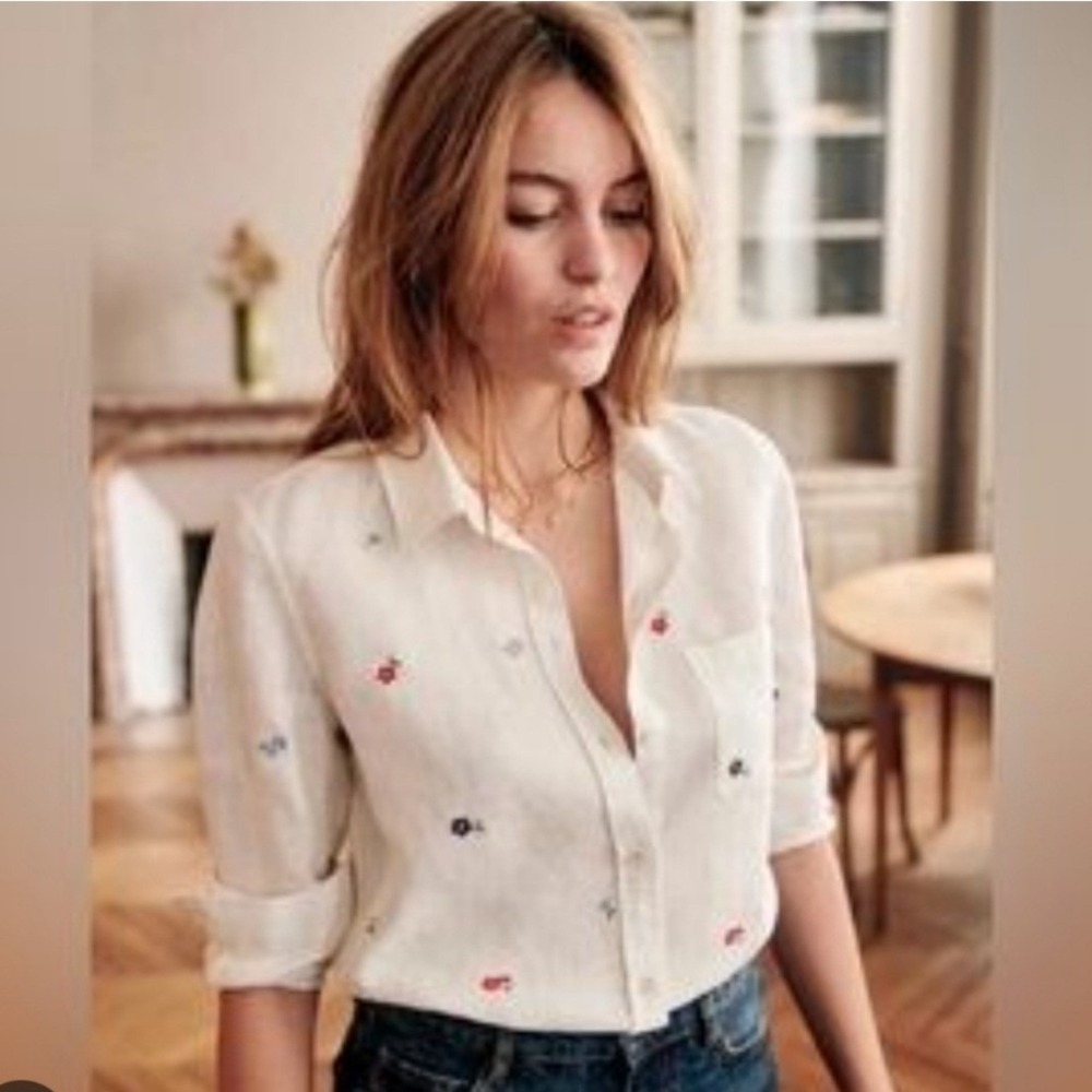 Sezane Tomboy Shirt White Multicolor Floral Embroidered Button Down Size 38 US 6